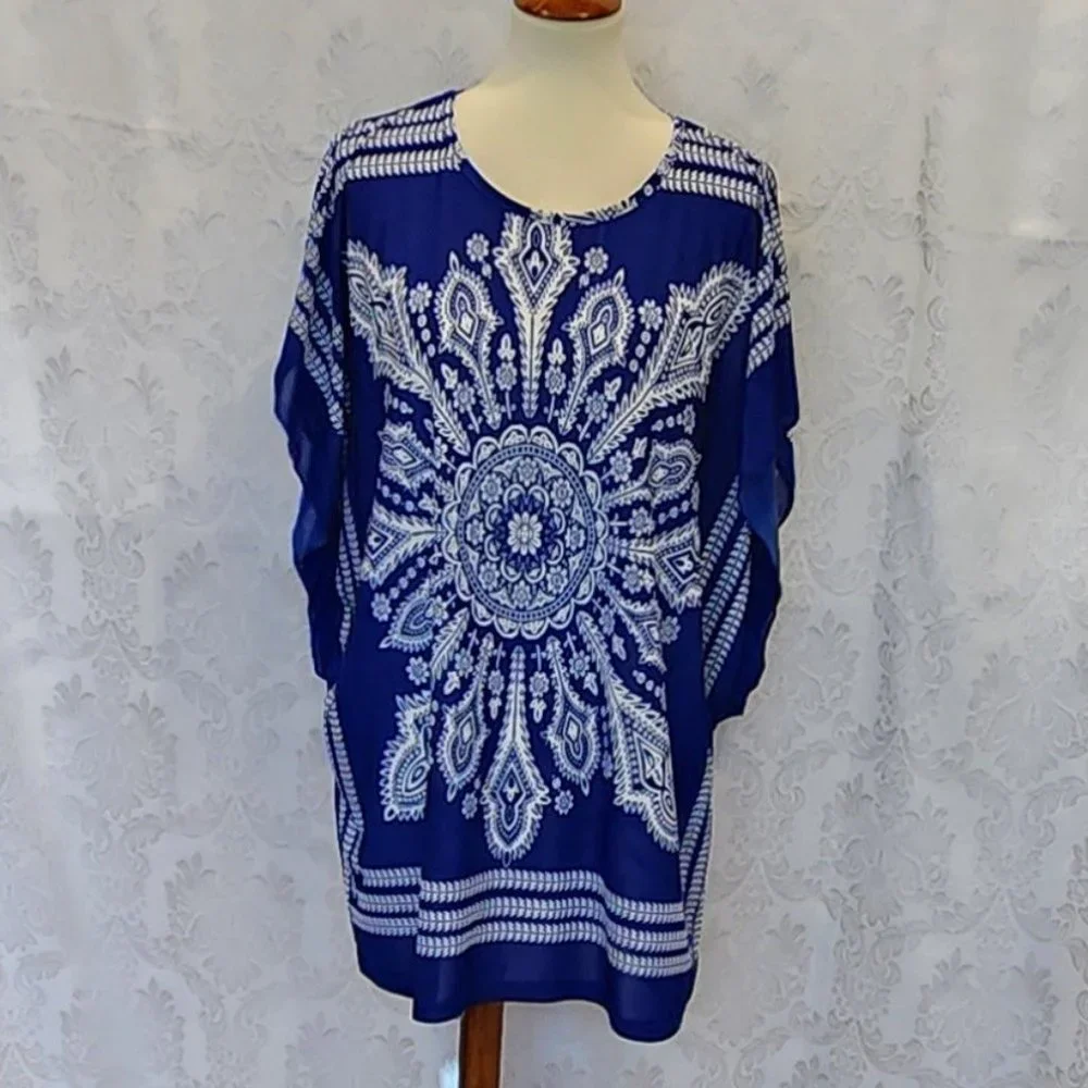 Blue & White Tunic Top/Swim Suit Cover Up
